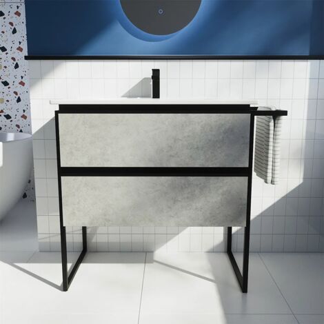 Mobile da Bagno a Terra 100cm Grigio Cemento con Lavabo Incluso in Ceramica Mod. Sapo (1/4)