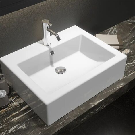 Lavabo Da Appoggio In Marmo Resina Bianco Lucido - 60x48x10 Cm, Con Foro Rubinetto E Troppopieno, Colossum18 - Foto 3