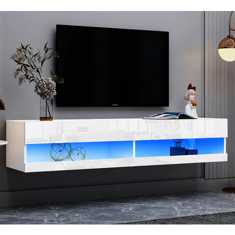 Tv Stand HIGH GLOSS Door Cabinet Wall Mounted Floating Tv Unit w/LED Light 140cm