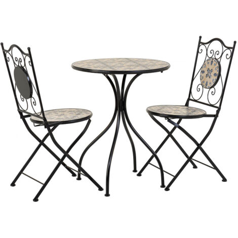 Conjunto mesa y dos sillas de mosaico y forja negras