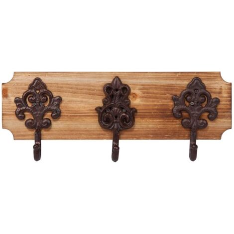 Percha de pared de madera y metal 3 ganchos marrón 40x13x10 (1/2)