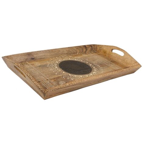 Bandeja de madera pintado artsanal con 2 asas marrón 48x25x6 (1/5)