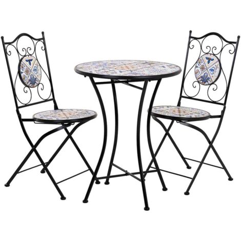 Conjunto mesa y dos sillas de mosaico y forja negro mesa:D60x75h-silla(2):D38x46-90h (1/5)