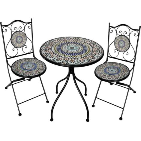 Conjunto mesa y dos sillas de mosaico y forja negras