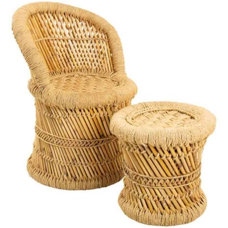 Set 2 sillón y taburete de bambú y cuerda de marrones