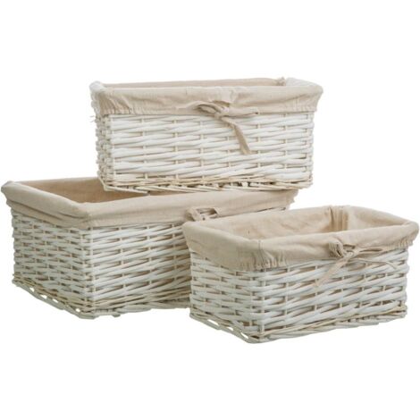 Set 3 cestos de mimbre blancos forrados