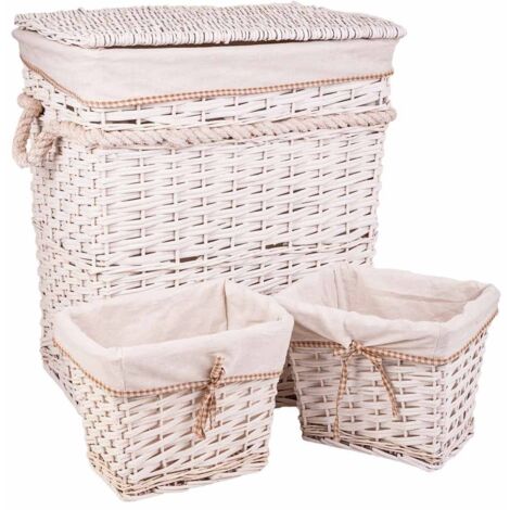 Set cesto de ropa y dos cestos de mimbre forrados blancos