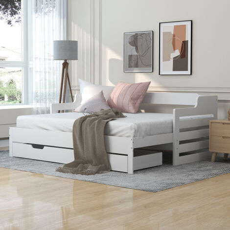 Daybed, Trundle and Drawer, Cabin Bed, SIngle Guest Bed Sofa Bed, Pull out Trundle and Storage Drawer for Living Room and Bedroom - (3') 90 x190 cm - White