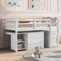 3FT Pine Wood Frame MDF Boards Multiple Functions Children Bed Three drawers Desk Storage Shelves Loft Bed with Metal Accessories, White, 190x90cm