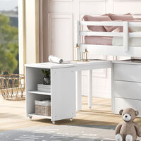 3FT Pine Wood Frame MDF Boards Multiple Functions Children Bed Three drawers Desk Storage Shelves Loft Bed with Metal Accessories, White, 190x90cm