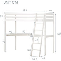 Single 3FT Loft Bed Frame With Desk High Sleeper Bunk Bed, Children Bed with Solid Pine Wood for Kids ,90X190CM(White)