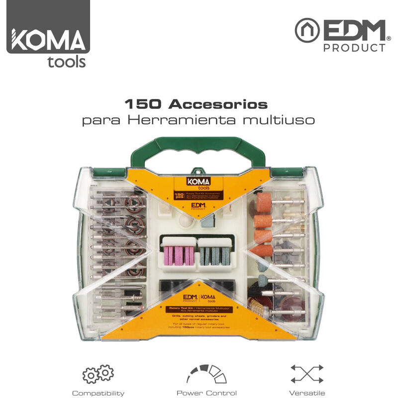 KOMA TOOLS 08734 SET DE 150 ACCESORIOS KOMA TOOLS PARA MINI HERRAMIENTA MULTIUSOS ROTATIVA REF: 08709 EDM