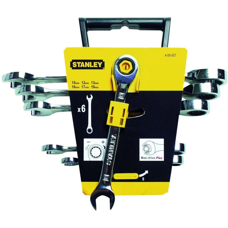 Set 6 Chiavi Combinate A Cricchetto STANLEY 4-89-907 - Misure 10,12,13,16,17,19 Mm, Profilo Maxi Drive Plus Per Spazi Stretti