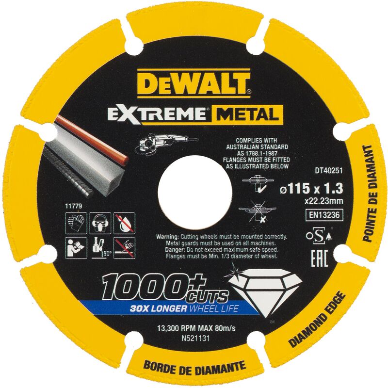 Disco de corte borde diamantado Extreme Metal, 115 x 1.3 x 22.3 mm  DeWalt DT40251-QZ