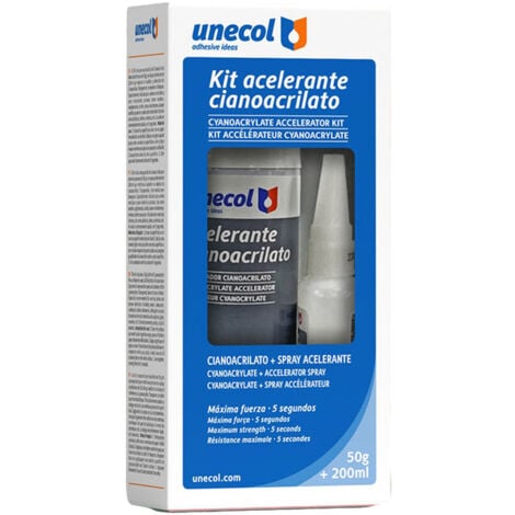 Kit acelerante + ciano para materiales porosos, botella de 50 g + aerosol de 200 ml  UNECOL A7156