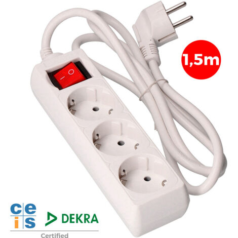 Prolongador con 3 tomas 2p+t, 16a 250v con interruptor luminoso, 1,5 m de cable h05vv-f 3g1,5mm² blanco (1/2)