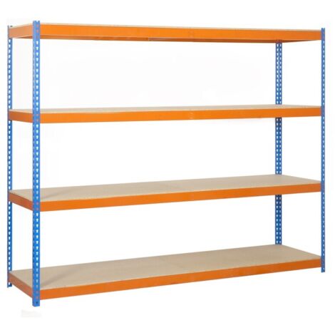 Estantería metálica sin tornillos SIMONRACK de 4 estantes (200x150x60cm) AZUL-NARANJA Y MADERA