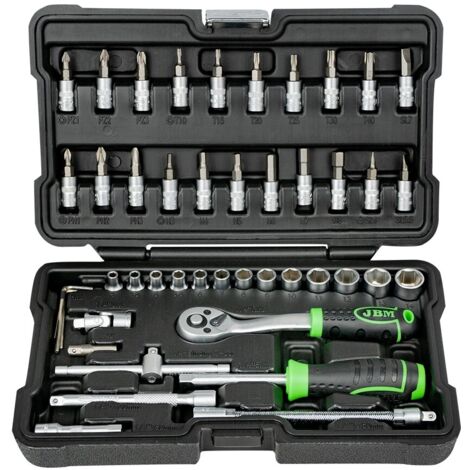 Estuche de 46 herramientas JBM – Carraca de 72 dientes – 13 vasos hexagonales – Accesorios para espacios reducidos (1/3)