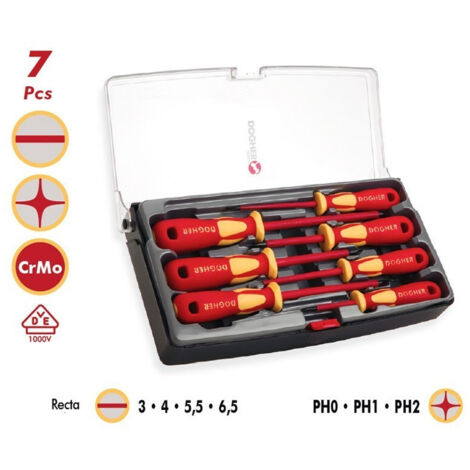 Juego de destornilladores en caja de plástico, 7 piezas, VDE DOGHER 360-001 (1/3)