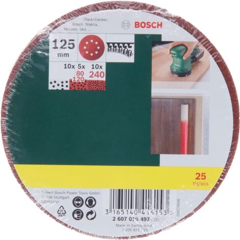 Lijas para lijadora excéntrica, grano 80, 120, 240, 25 unidades BOSCH 2607019497