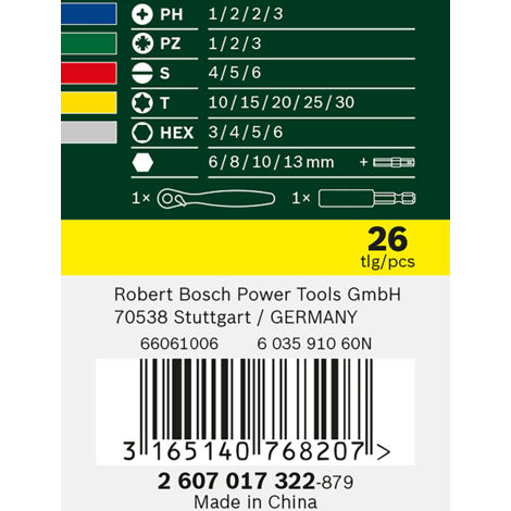 BOSCH 2607017322 Set 26 unidades atornillar incluye puntas vasos carraca
