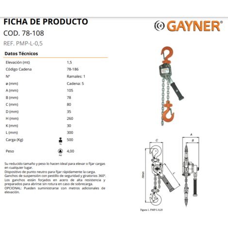 GAYNER 78-108 Polipasto manual a palanca 0,5t elevación 1,5metros
