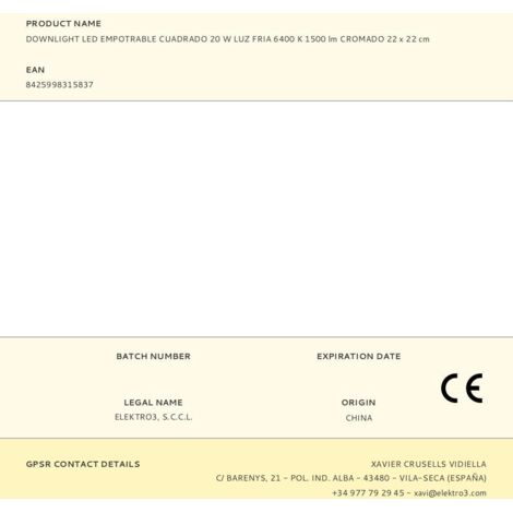 Downlight LED empotrable, cuadrado, 20W, luz fría, 6400K, 1500lm, cromado  EDM 22x22cm 31583