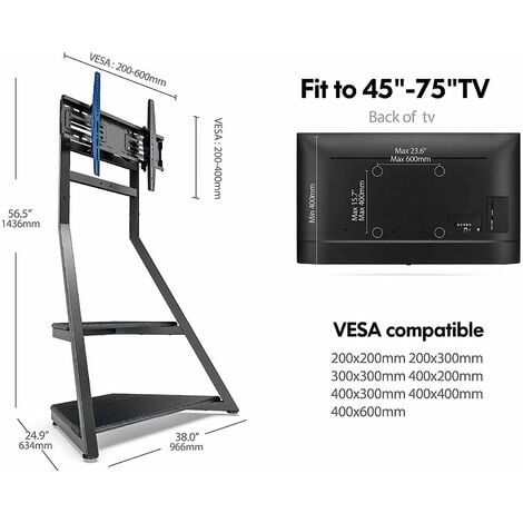 FITUEYES Série Eiffel Support TV au Sol pour Ecran de 45 à 75 Pouces Meuble TV Roulette avec 2 Etagères Hauteur et Angle Réglable Max VESA. 400x600mm Noir
