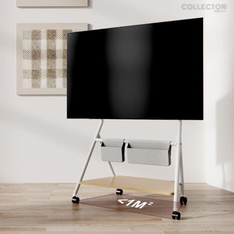 FITUEYES DESIGN Support TV Roulettes pour TV de 55 60 65 75 78 pouces avec Etagères de Rangement et Sac en Bois série COLLECTOR Blanc