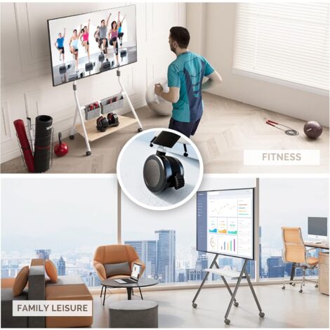FITUEYES DESIGN Support TV Roulettes pour TV de 55 60 65 75 78 pouces avec Etagères de Rangement en Bois Hauteur Réglable 1100-1300mm série COLLECTOR Noir