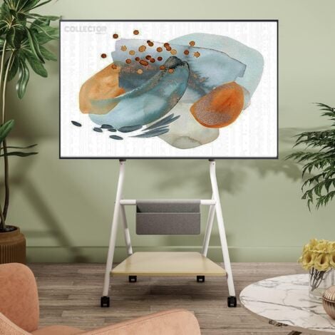 FITUEYES DESIGN Support TV Roulettes pour TV de 55 60 65 75 78 pouces avec Etagères de Rangement et Sac en Bois Hauteur Réglable 1100-1300mm série COLLECTOR Blanc