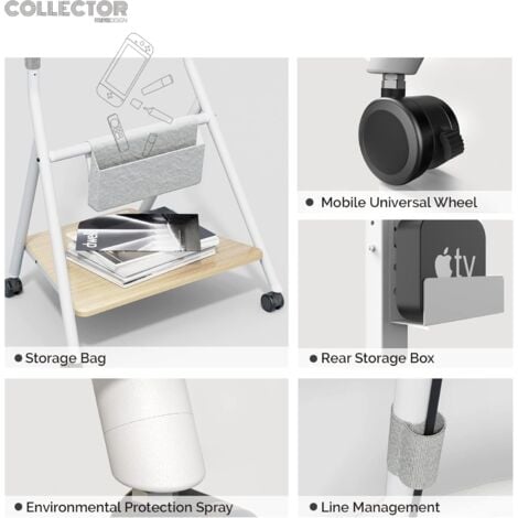 FITUEYES DESIGN Support TV Roulettes pour TV de 55 60 65 75 78 pouces avec Etagères de Rangement et Sac en Bois Hauteur Réglable 1100-1300mm série COLLECTOR Blanc