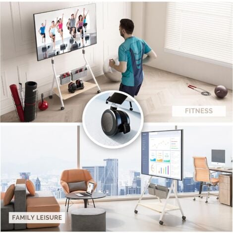 FITUEYES DESIGN Support TV Roulettes pour TV de 55 60 65 75 78 pouces avec Etagères de Rangement et Sac en Bois Hauteur Réglable 1100-1300mm série COLLECTOR Blanc