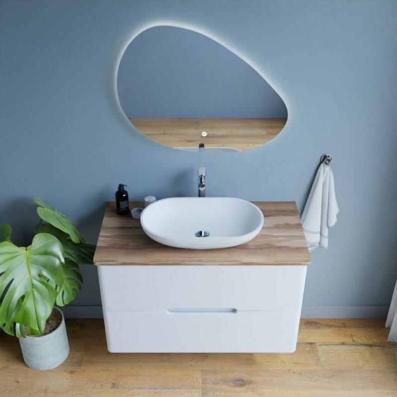 Meuble salle de bain avec vasque à poser KLASS Blanc et Bois - 100 x 50 cm
