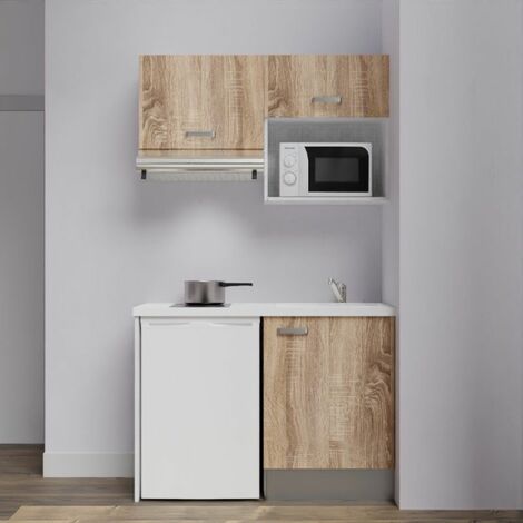 Kitchenette K02L-PT - 120 cm avec plan de travail et évier - emplacements frigo, hotte et micro-ondes Façade Bois - Plan Blanc - Evier Blanc