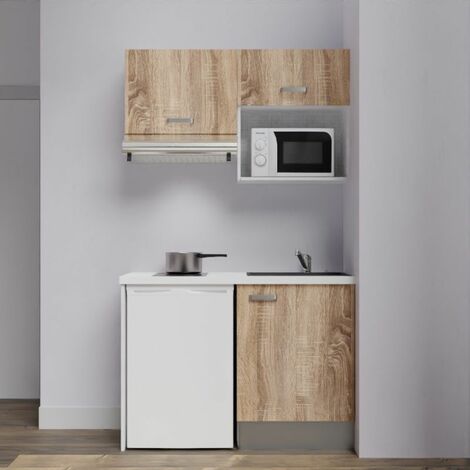 Kitchenette K02L-PT - 120 cm avec plan de travail et évier - emplacements frigo, hotte et micro-ondes Façade Bois - Plan Blanc - Evier Noir