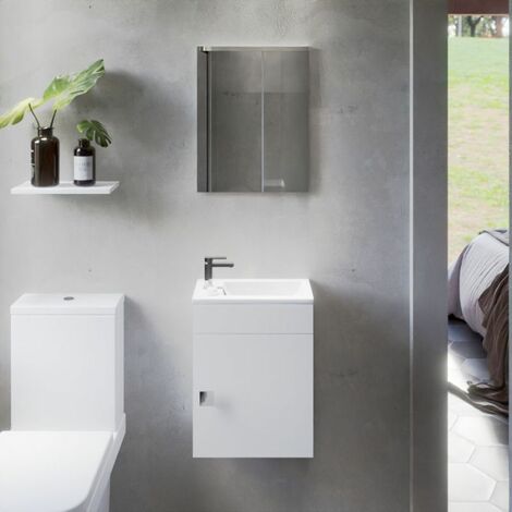 Cuisibane – Meuble lave-mains avec vasque céramique 40.3x22.5cm – Miroir 42x55cm – Caisson suspendu blanc brillant – Garantie 5 ans
