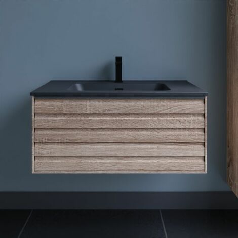 Cuisibane – Meuble salle de bain HORIZON 80 cm – Caisson suspendu chêne doré – Plan vasque noir mat – 1 tiroir avec coulisses à sortie totale