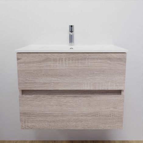 Cuisibane – Meuble double vasque suspendu 70 cm – 2 tiroirs à extension complète – Plan vasque en céramique – Fixation murale pour espaces réduits