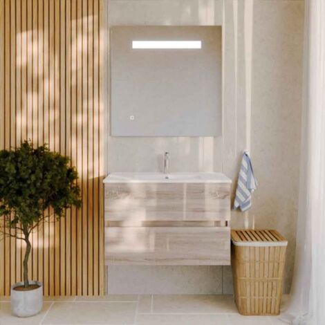 Meuble salle de bain 80 cm ROSALY avec plan vasque et miroir Elégance ht80- Bois- Plan vasque en Céramique