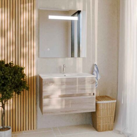 Meuble salle de bain 80 cm ROSALY avec plan vasque et miroir Elégance ht80- Bois- Plan vasque en Céramique