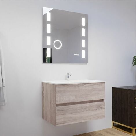 Meuble salle de bain 80 cm ROSALY avec plan vasque et miroir Excellence- Bois- Plan vasque en Céramique