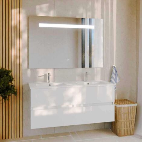 Meuble double vasque 120 cm ROSALY avec miroir Elégance ht80- Blanc- Plan vasque en Céramique (1/5)