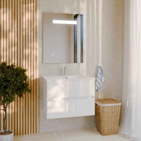 Cuisibane – Meuble double vasque 70 cm avec plan vasque en céramique – 2 tiroirs à extension avec amortisseurs – Miroir éclairant 80 cm – Blanc brillant - ht80- (1/5)