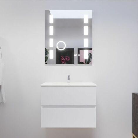 Meuble salle de bain 70 cm ROSALY avec plan vasque et miroir Excellence- Blanc- Plan vasque en Céramique