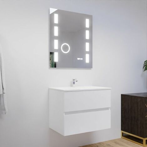 Meuble salle de bain 70 cm ROSALY avec plan vasque et miroir Excellence- Blanc- Plan vasque en Céramique