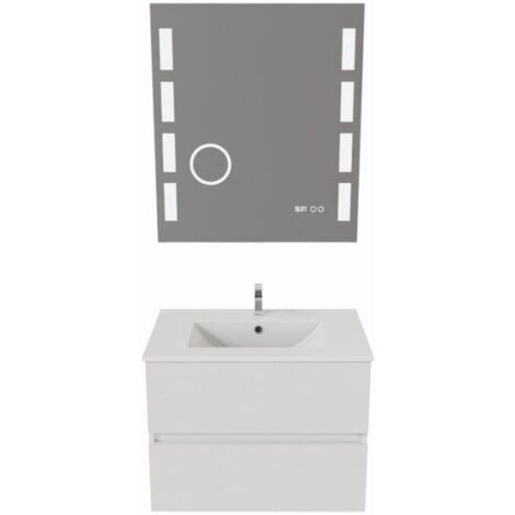 Meuble salle de bain 70 cm ROSALY avec plan vasque et miroir Excellence- Blanc- Plan vasque en Céramique