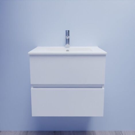 Cuisibane – Meuble double vasque suspendu 60 cm – Plan vasque en céramique – 2 tiroirs avec amortisseurs – Fixations murales incluses