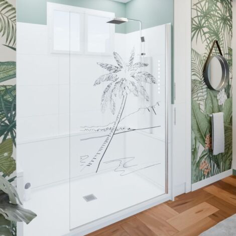 Paroi de douche verre transparent avec dessin mer et palmier PALMA 120 cm (1/4)