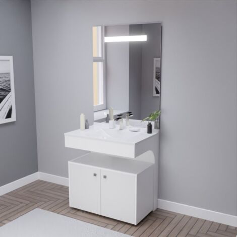 Cuisibane – Meuble vasque PMR 80 cm avec miroir LED éclairage 600 lumens – Caisson roulant blanc brillant – Corps en MDF laqué 16 mm (1/5)